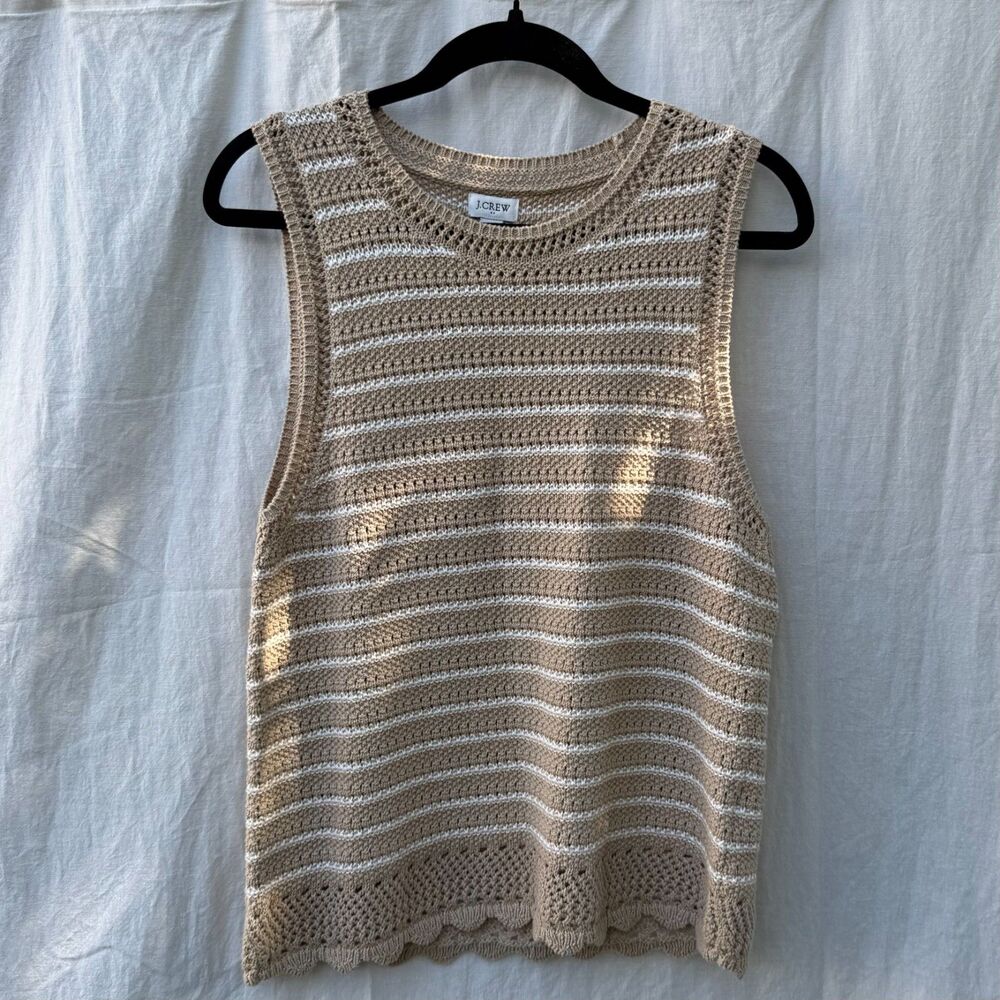 J.Crew Striped Crochet Knit Sweater Tank Top Beige White Scalloped Hem | Size M